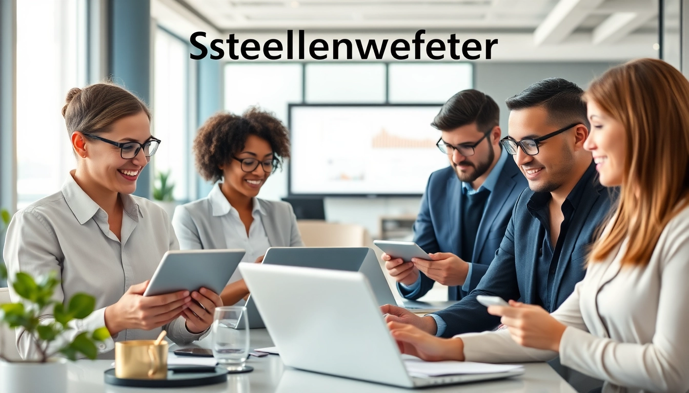 Illustration of diverse individuals exploring Stellenangebote via digital devices in a bright office.