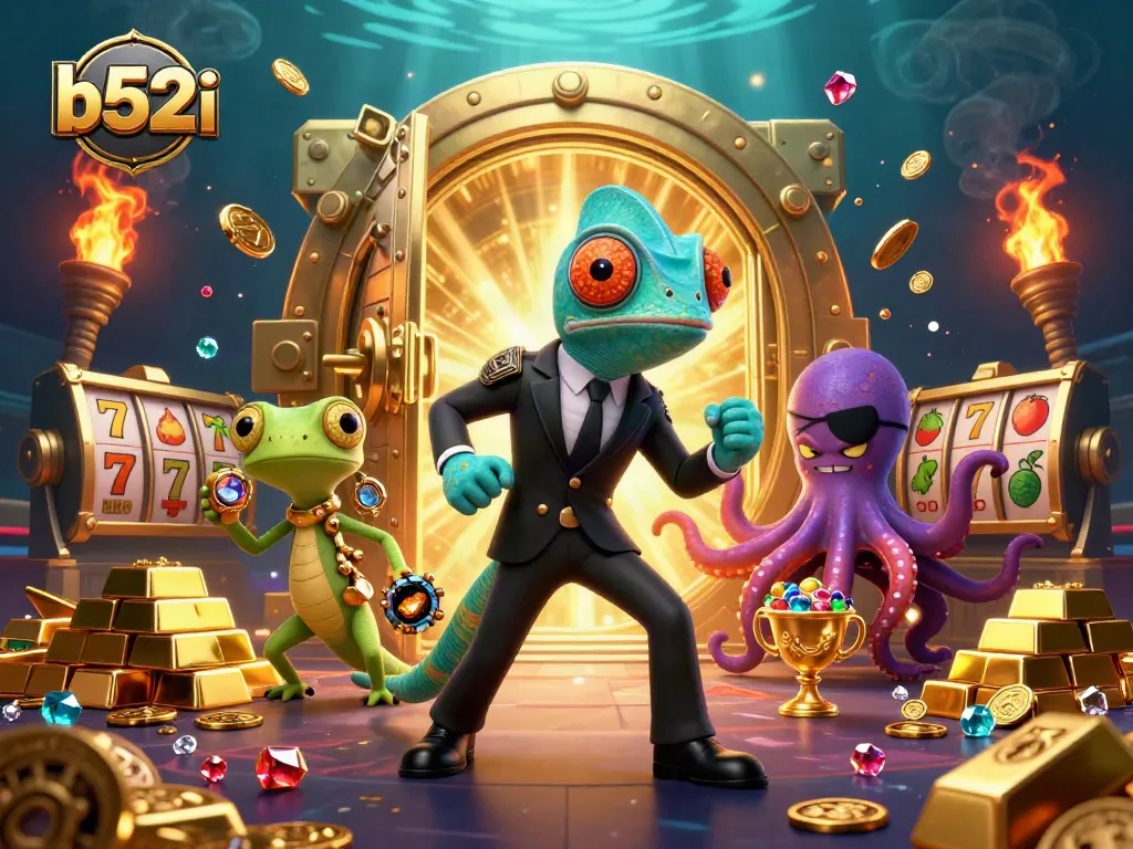 b52i casino action featuring a colorful secret agent chameleon and golden treasures.