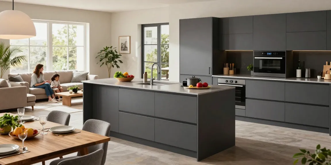 Stilvolles modernes Kücheninterieur mit Graphitdesign, das die Einfachheit des Möbel direkt Bestellens für Wohnraum-Upgrades hervorhebt.