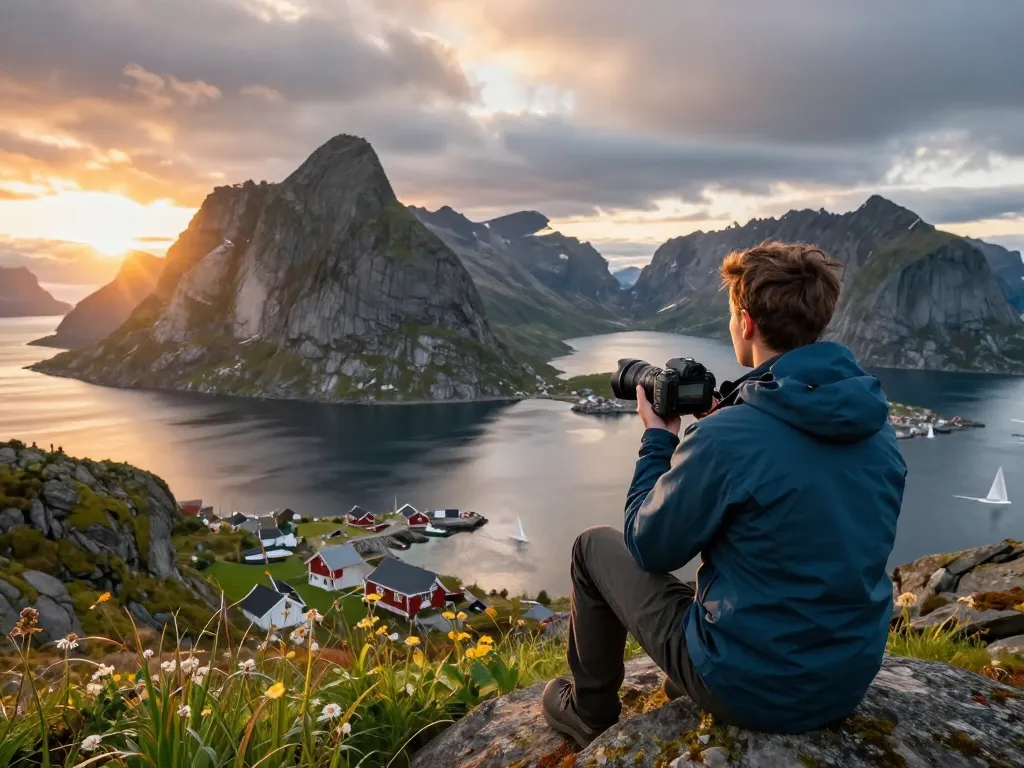 Skandinavien Reisetipps: Reisender genießt atemberaubende Ausblicke auf den Lofoten-Inseln bei Sonnenuntergang.