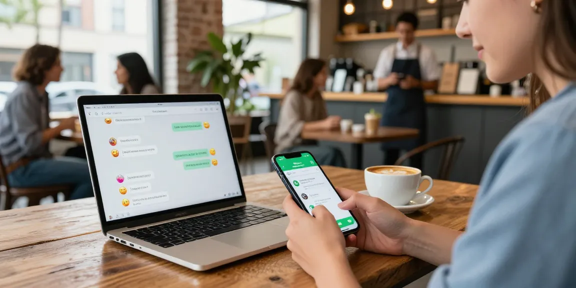 Using FM WhatsApp on a smartphone in a café, showcasing vibrant messaging and personalization features.