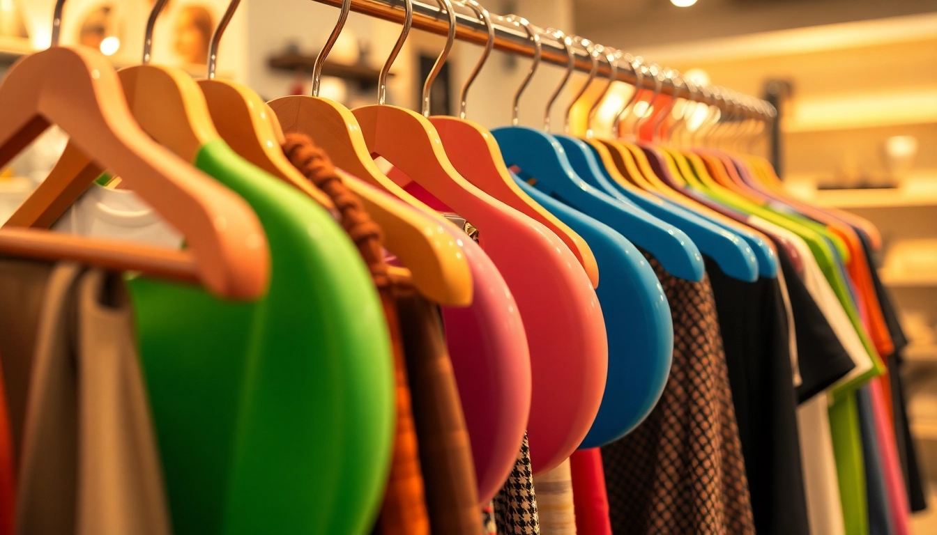 Highlight stylish Kunststoff kleiderbügel displayed elegantly on a clothing rack, showcasing their vibrant colors.