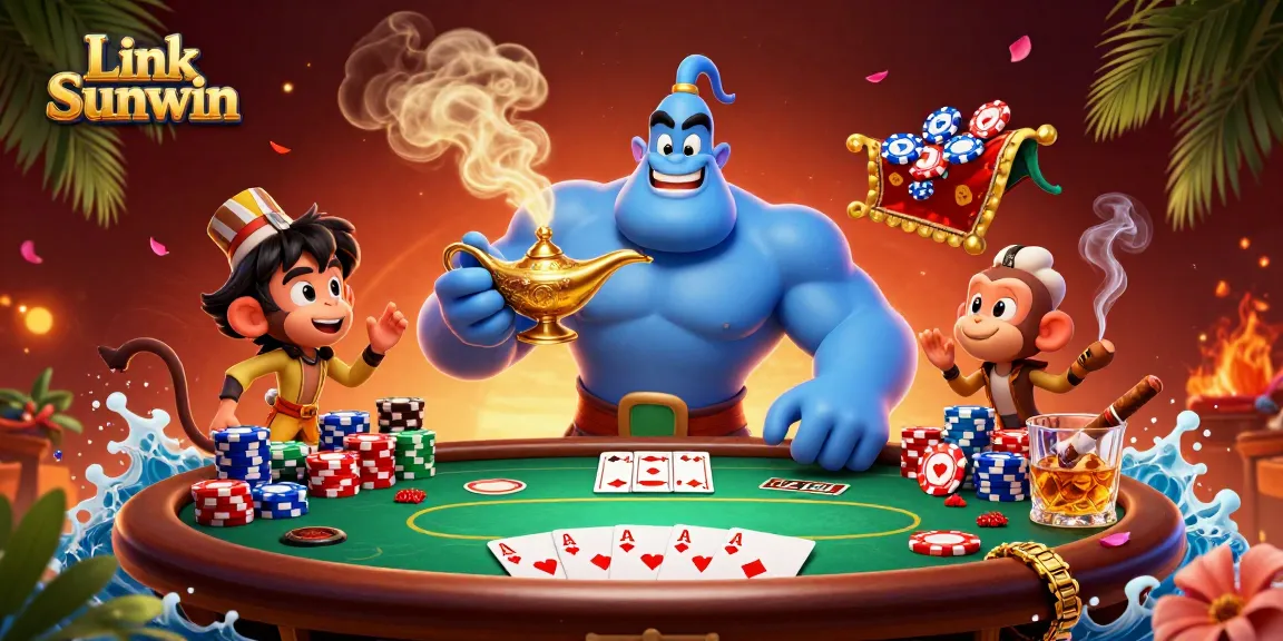 Link Sunwin brings excitement as a powerful genie emerges amidst poker elements and rich casino atmosphere.
