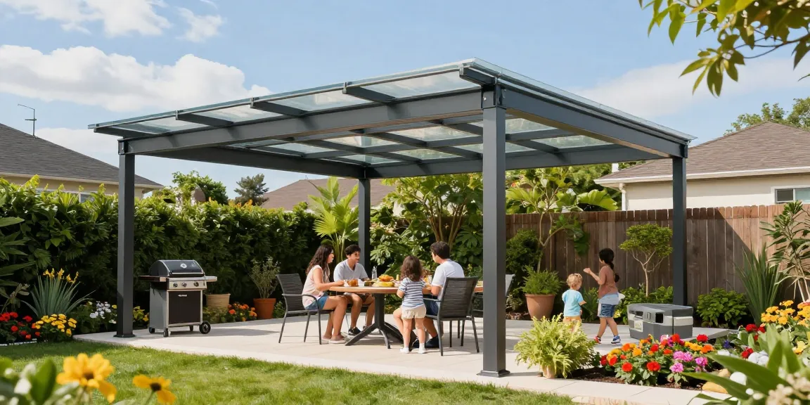 Moderne freistehende Terrassenüberdachung, die eine Familie im Garten schützt und eine einladende Atmosphäre schafft.