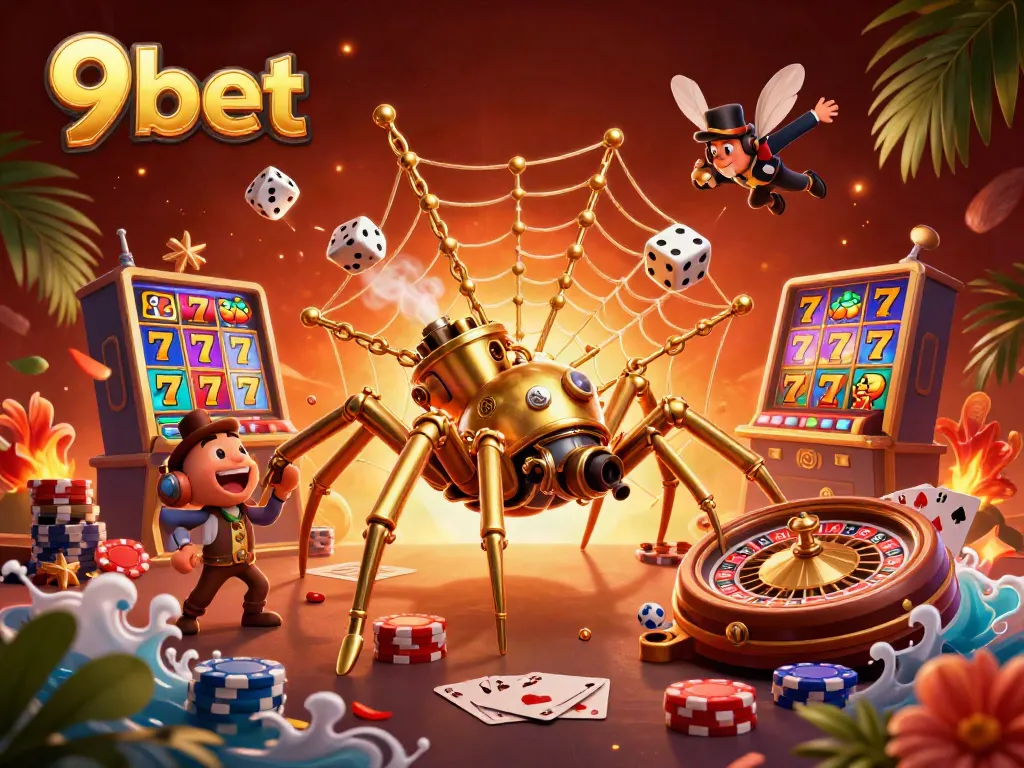 Engage with 9bet's vibrant casino scene featuring a steampunk spider and dynamic game elements.