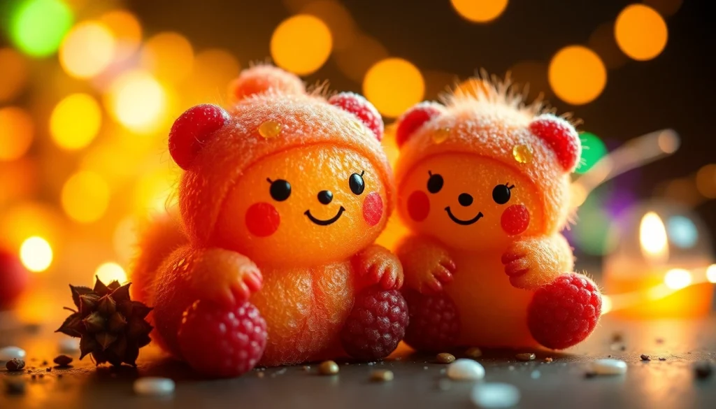 Leckere THC Gummies in verschiedenen Farben auf einem festlichen Hintergrund anrichten.