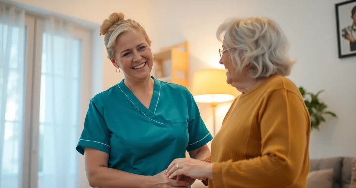 Eine Pflegekraft bietet ambulanter pflegedienst hameln für ältere Menschen in einem hellen Wohnraum an.