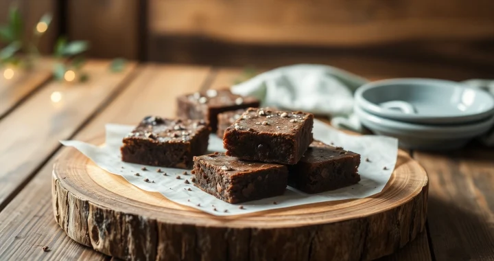 Leckere Daga Brownies, frisch gebacken und präsentiert auf einem rustikalen Brett, ideal für Naschkatzen.