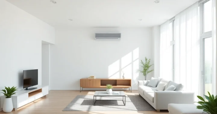 Modern Klimaanlage cooling a bright, minimalist living room with natural light.