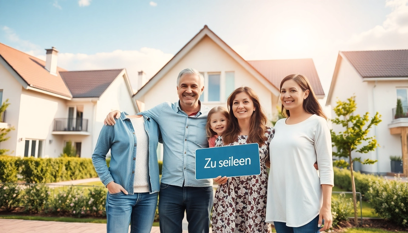 Familie feiert ihren Hauskauf vor einem neuen Zuhause, symbolisiert Freude und neue Anfänge.