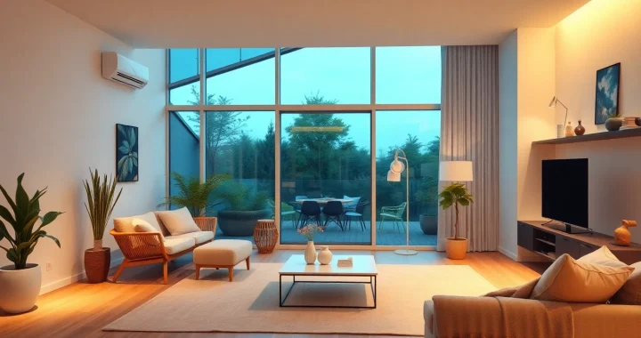 Effiziente Klimaanlage in einem stilvollen Wohnzimmer, sorgt für angenehme Raumtemperatur.