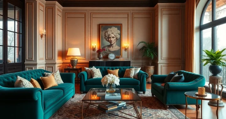Luxury living room featuring an emerald velvet sofa and elegant decor that evokes sophistication.