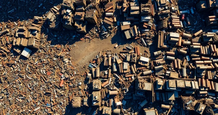 Schrottabholung Remscheid: Scrap metals being processed at a busy scrapyard, highlighting copper and aluminum.