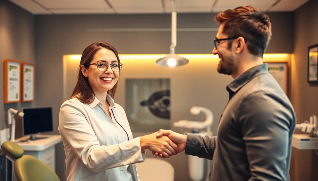 Headhunter Zahnmedizinische Fachangestellte zeigt eine Recruiterin, die einem Fachangestellten die Hand reicht, in einer modernen Zahnarztpraxis.