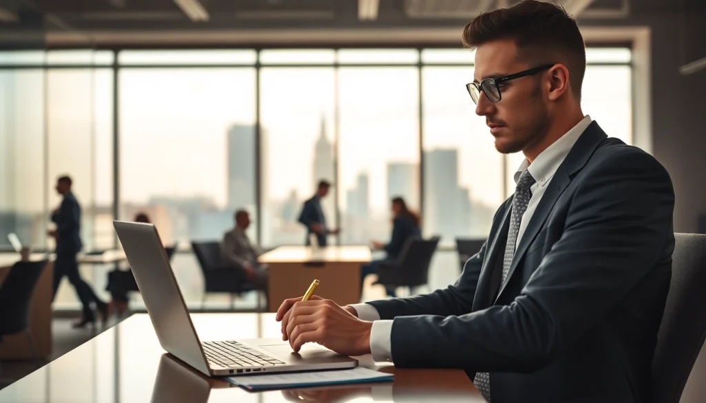 Headhunter bei der Talentakquise in einem modernen Büro mit Laptop und Notizen.
