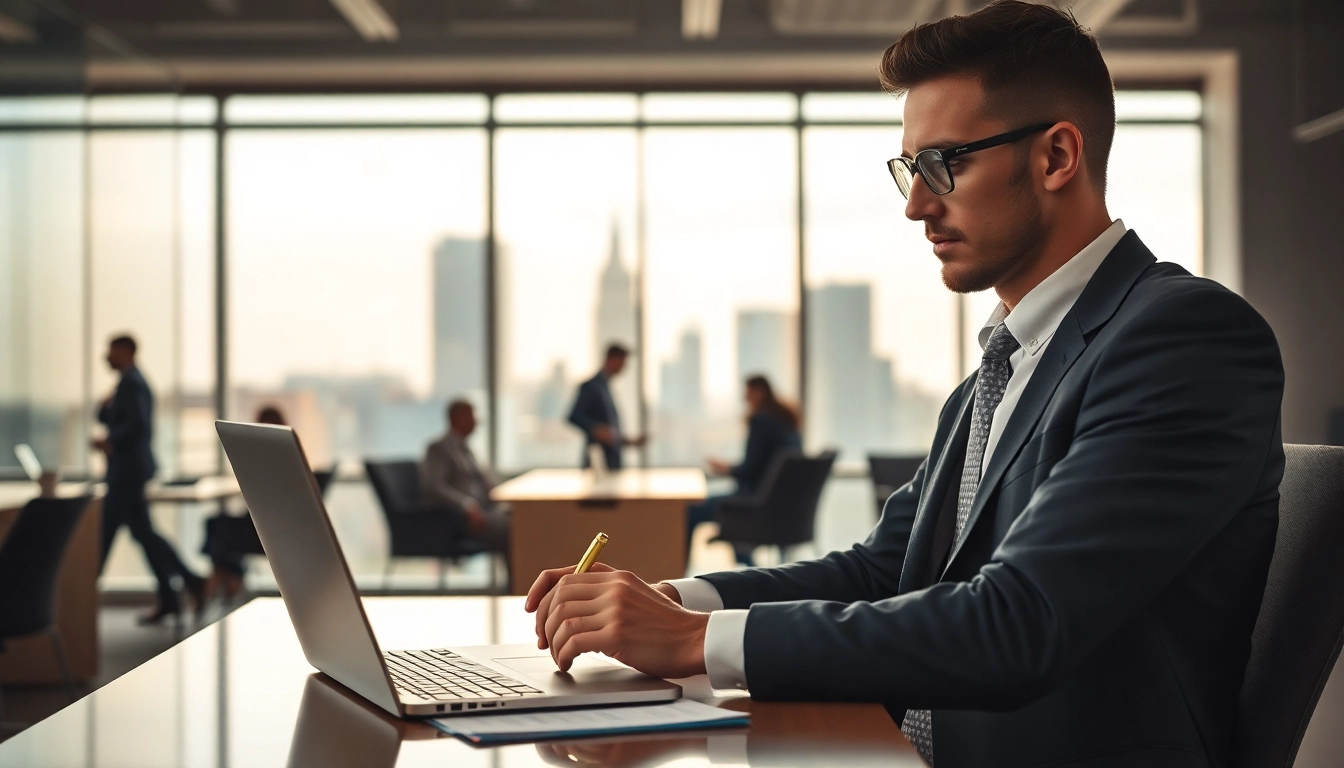 Headhunter bei der Talentakquise in einem modernen Büro mit Laptop und Notizen.