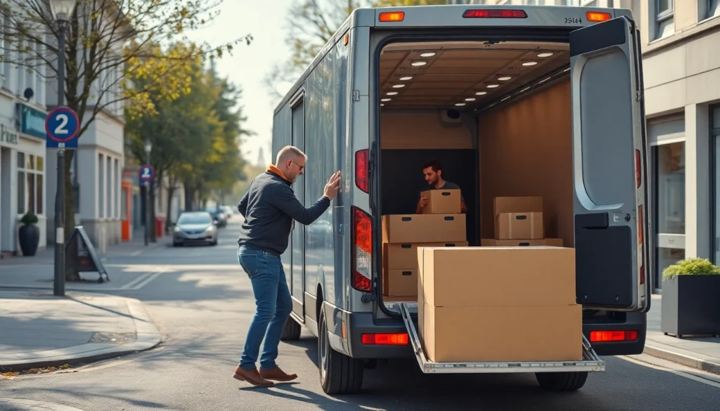 Umzugsunternehmen Wermelskirchen: Ein zuverlässiger Umzugshelfer packt Kartons in einen Umzugswagen.
