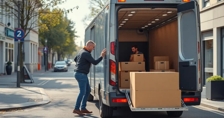 Umzugsunternehmen Wermelskirchen: Ein zuverlässiger Umzugshelfer packt Kartons in einen Umzugswagen.