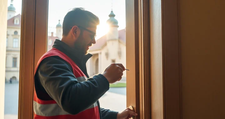 Schlüsseldienst Rastatt öffnet sorgfältig eine Tür mit professionellem Werkzeug.