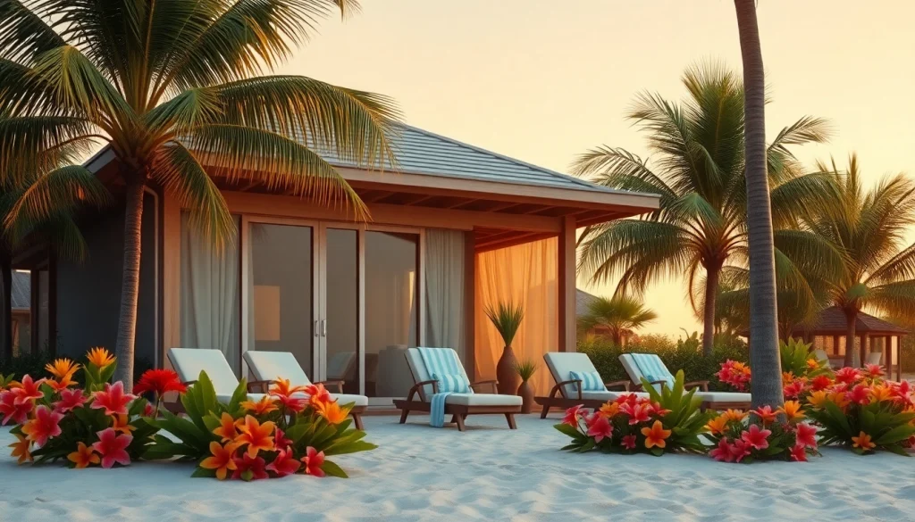 Relax and unwind in a stunning coastal cabana surrounded by palm trees and vibrant flowers.