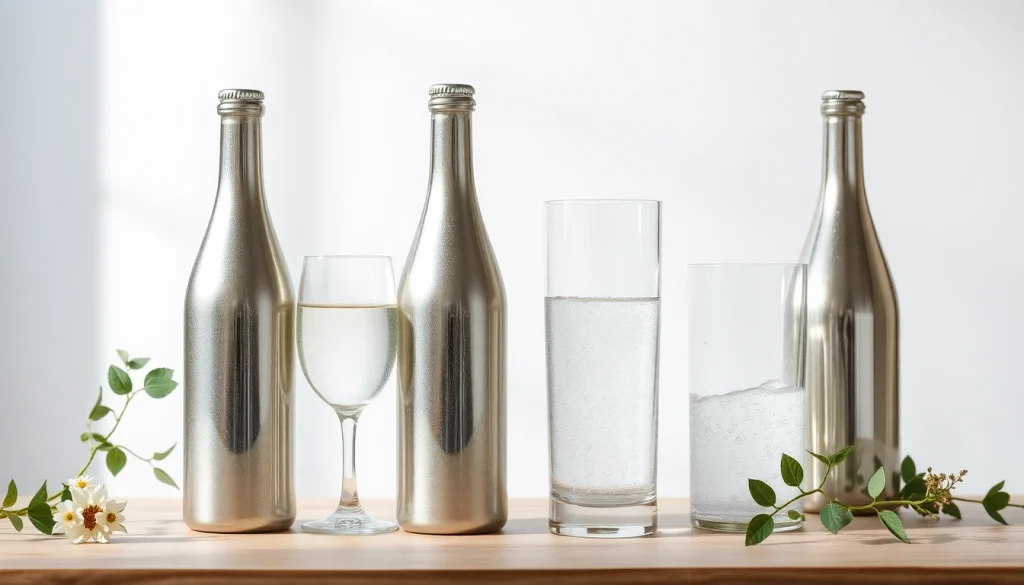 Jetzt olloidales Silber kaufen: Hochwertige Flaschen in einem einladenden Stillleben mit Pflanzen im Hintergrund.