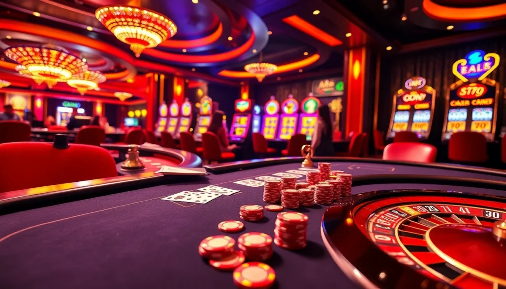 Playing to win at s8 casino tables filled with colorful poker chips and vibrant slot machines.
