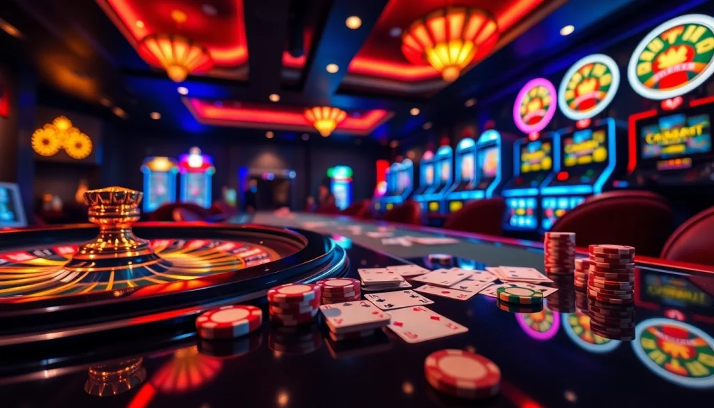 Intense gaming action at Nhà Cái S8 featuring vibrant casino tables and high-stakes gambling elements.