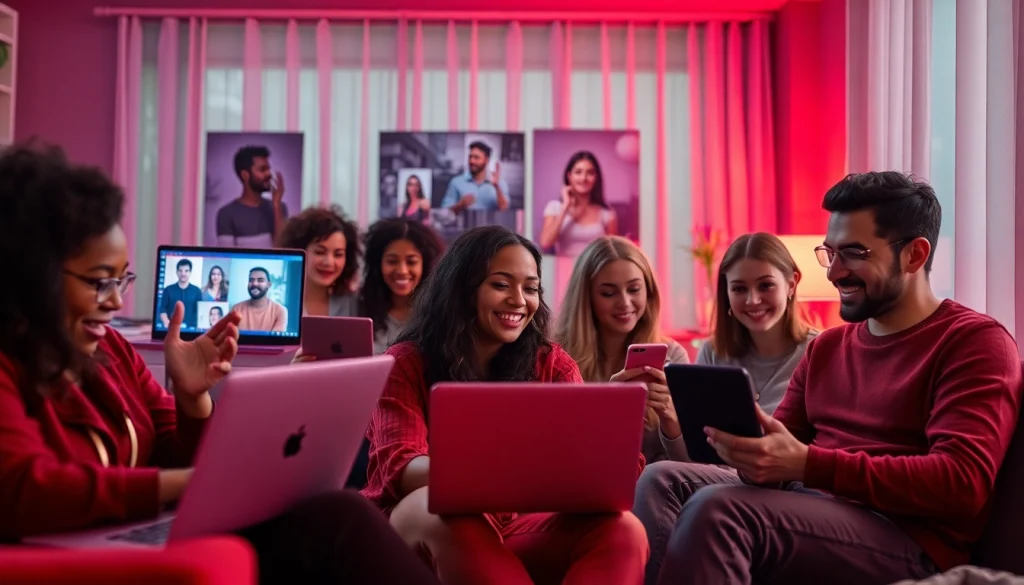 Dynamic online sex chat scene with diverse adults engaged on devices, showcasing vibrant interactions.