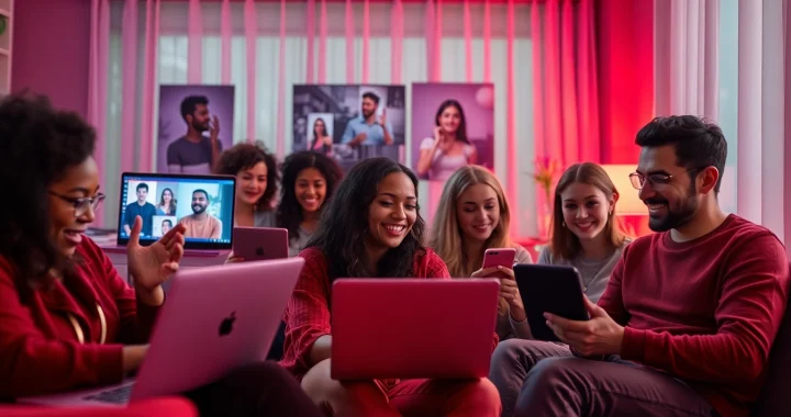 Dynamic online sex chat scene with diverse adults engaged on devices, showcasing vibrant interactions.