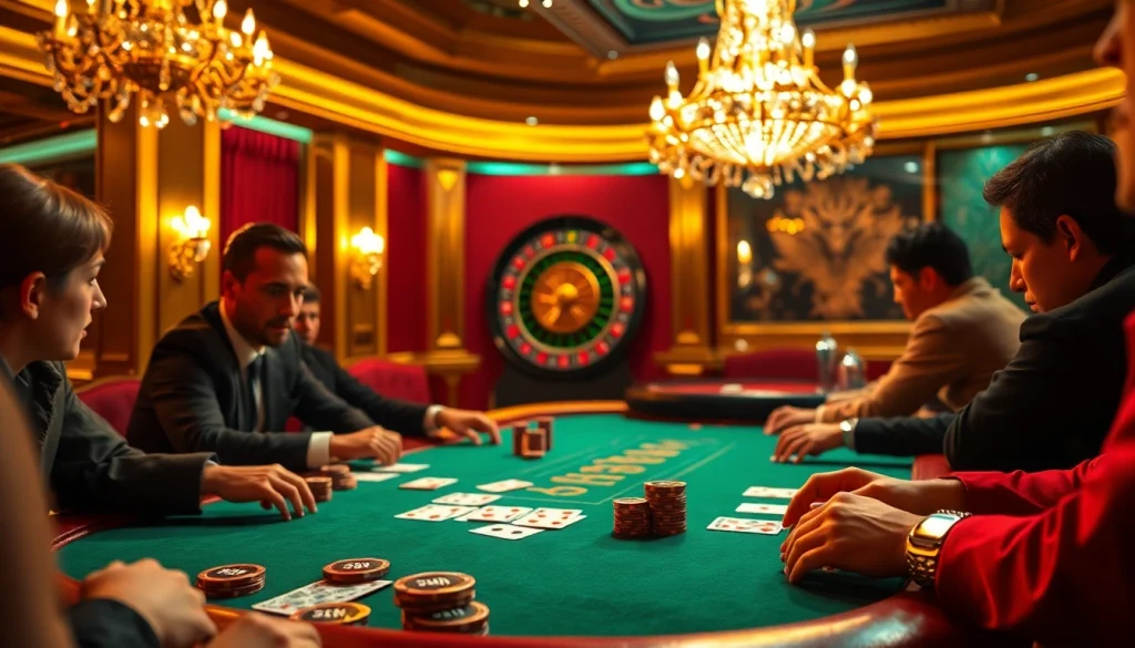 Intense players at a 52WIN poker table in a luxurious casino setting.