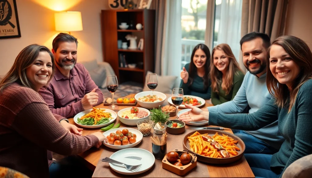 Bequeme Essensbestellung online: Freunde genießen eine vielfältige Auswahl an Gerichten in einem gemütlichen Ambiente.