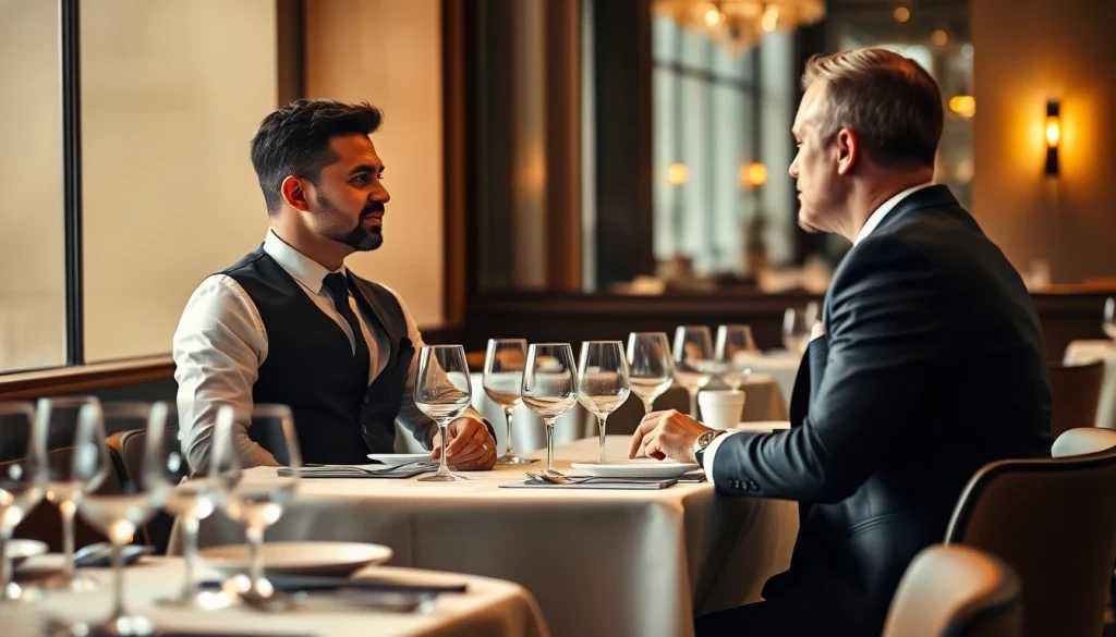 Headhunter Gastronomie bespricht mit einem Koch in einem eleganten Restaurant.
