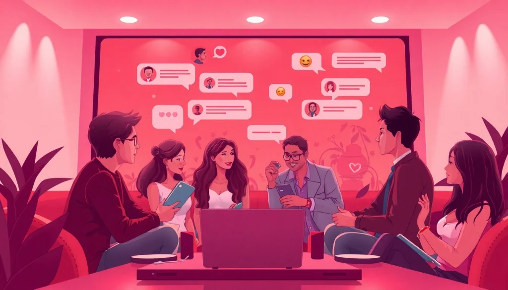 Engaging sex chat interface showcasing diverse users in a warm, inviting setting.