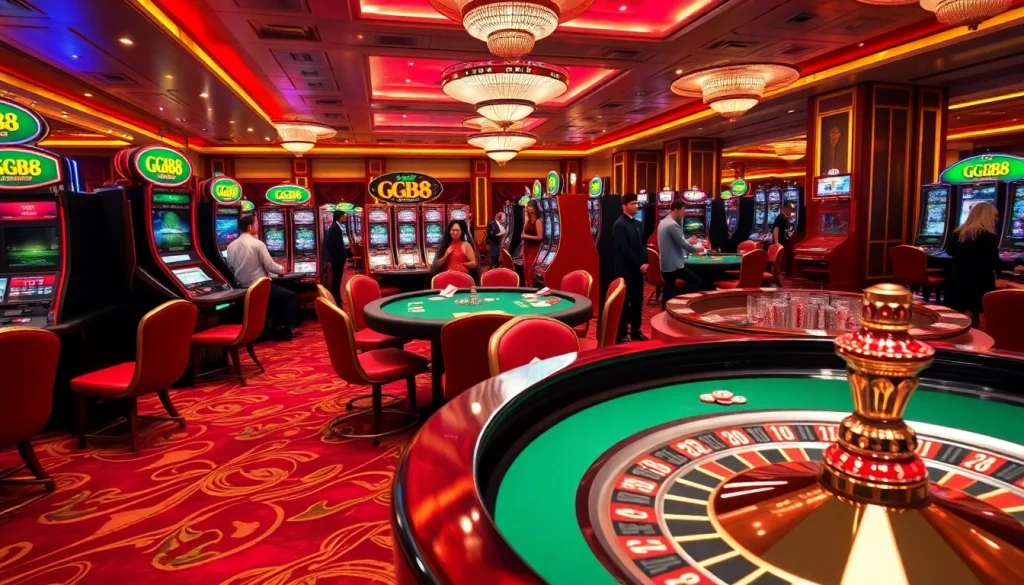 Witness gamers enjoying a lavish GG88 casino experience with vibrant tables and slot machines.