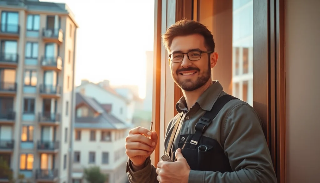 Türöffnung Berlin durch professionellen Techniker mit Werkzeug, freundliche Atmosphäre.