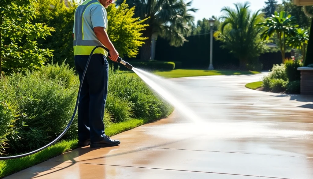 Driveway pressure wash in action, showcasing a professional cleaning concrete surfaces under bright sunlight.