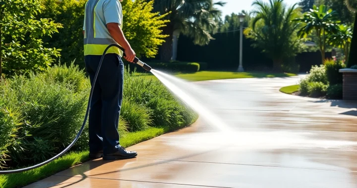 Driveway pressure wash in action, showcasing a professional cleaning concrete surfaces under bright sunlight.