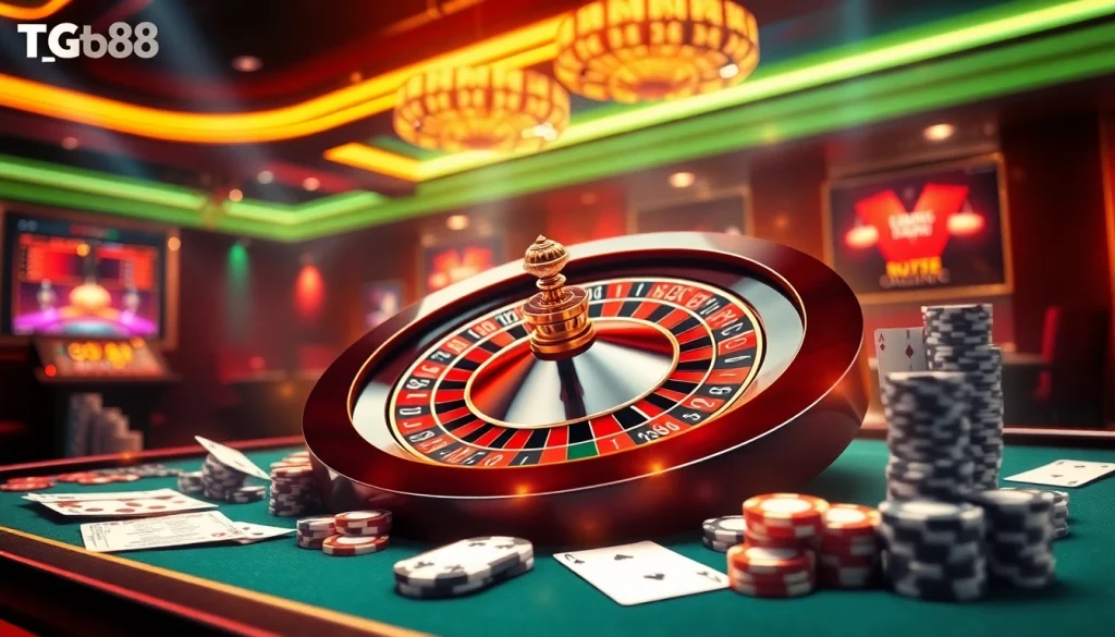 Engaging scene of the tg88 game, featuring a digital roulette wheel, betting slips, and poker chips in a vibrant casino.