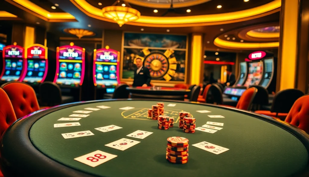 Experience the excitement of BET88 at a luxurious poker table with vibrant chips and cards.