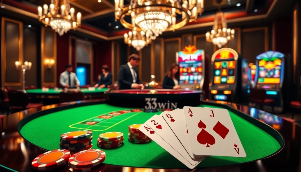 33WIN casino scene with vibrant roulette table and professional dealers engaging players.