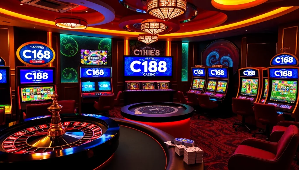 Players enjoying a thrilling game at C168's online casino, showcasing poker chips, cards, and a roulette wheel.