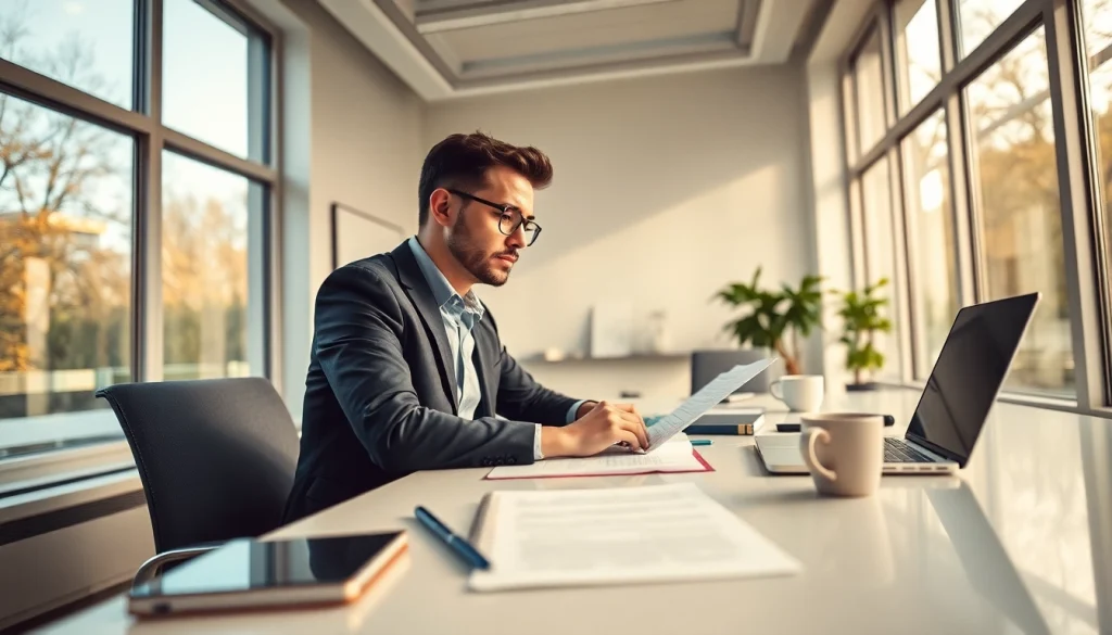 Vereidigter Übersetzer, der sich auf die Übersetzung juristischer Dokumente in einem professionellen Arbeitsumfeld konzentriert.