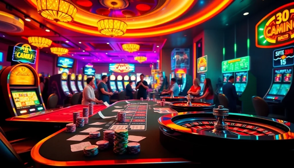 Action-packed gambling scene showcasing 88i nhà cái with casino tables and players in vibrant atmosphere.