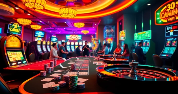 Action-packed gambling scene showcasing 88i nhà cái with casino tables and players in vibrant atmosphere.