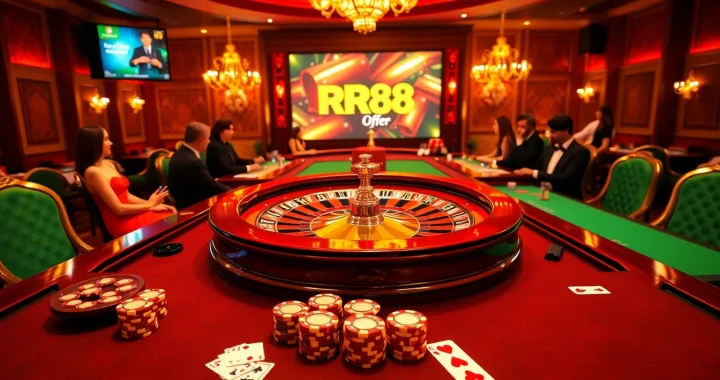Players enjoying a luxurious casino experience with RR88, featuring roulette, poker, and vibrant decor.