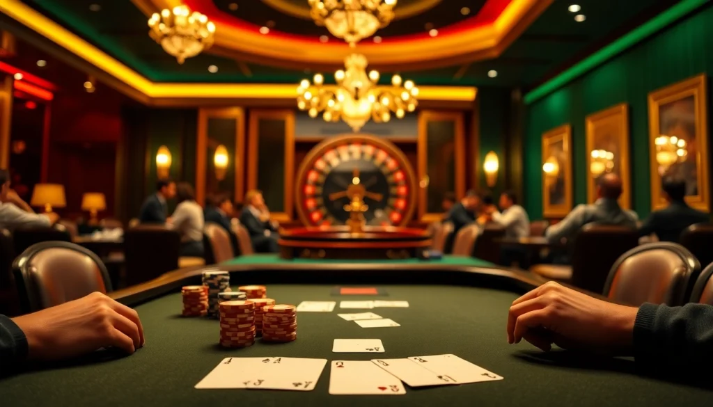 Experience thrilling gambling action at https://x88casino.net/ with an elegant poker table and roulette wheel.