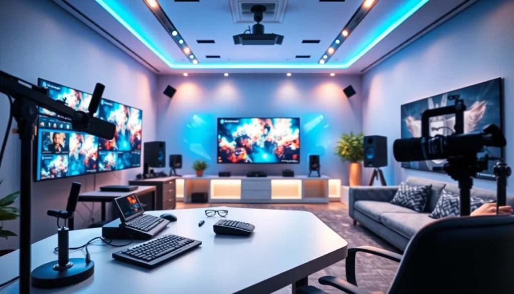 Lauthaitv's modern streaming studio featuring advanced technology and dynamic content displays.