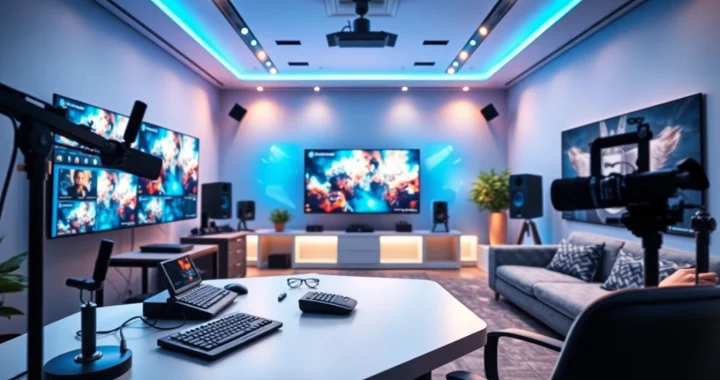 Lauthaitv's modern streaming studio featuring advanced technology and dynamic content displays.