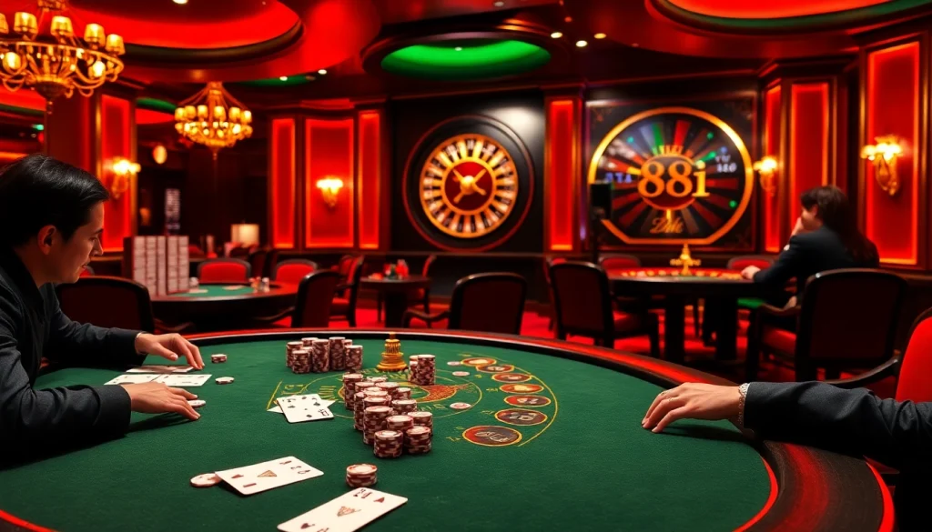 An exciting casino scene showcasing players at tables, capturing the energy of 88i com with cards and chips.