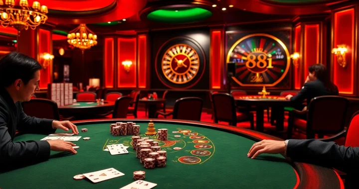 An exciting casino scene showcasing players at tables, capturing the energy of 88i com with cards and chips.